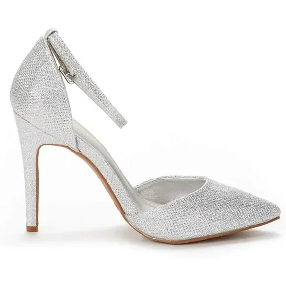 Women's Oppointed Lacey Pump Shoe Silver Glitter TPR Rubber Sole - Picture 2 of 6